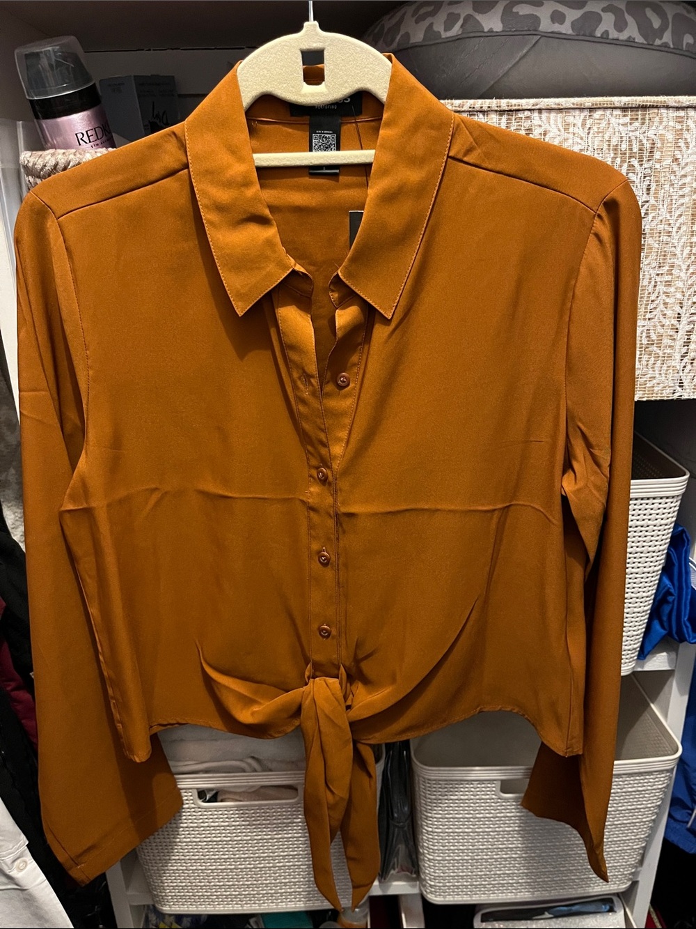 Express Button-Front Portofino Tie Hem Long-Sleeve Top - Rust Orange